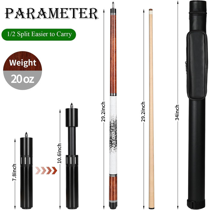 AKLOT Більярдний кий професійний з телескопічним подовженням, канадська береза, кейс, 147 см (58''), 538-595 г