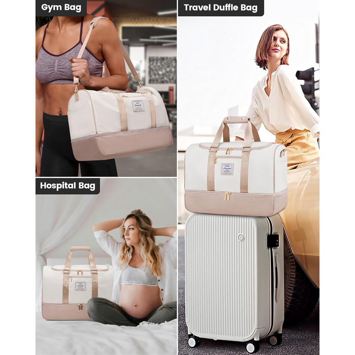 Сумка-валіза LOVEVOOK для жінок, 37L, для подорожей, вихідної подорожі, пологового будинку з косметичкою, відділенням для взуття та мокрих речей, водонепроникна спортивна сумка, Gym Yoga Bag, ручна поклажа для спорту, відпустки, літака, бежево-рожева