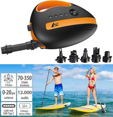 Акумуляторний насос для SUP-дошок AGT SUP: потужний компресор, 350 л/хв, 3 x 4000 mAh, USB, 12V