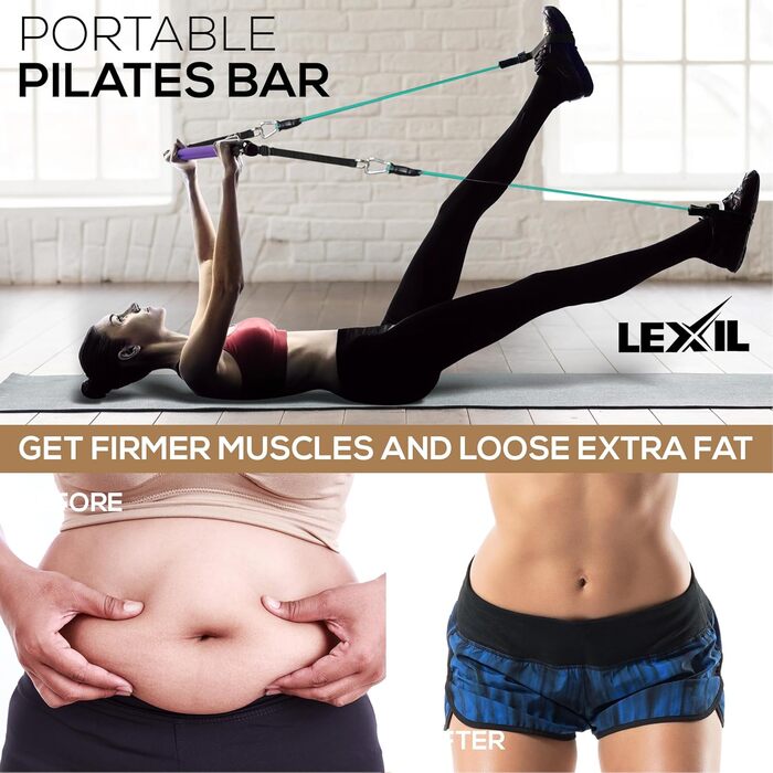 Портативний Pilates-бар LEXIL з 3 парами еспандерів (15, 20, 13,6 кг), фітнес-набір для дому, для чоловіків і жінок, для зміцнення тіла, з відеоуроком, фіолетовий