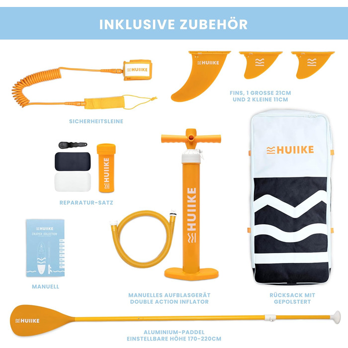 Надувний SUP-борд HUIIKE Stand Up Paddle Board з аксесуарами: весло, фіни, насос. Стабільний та міцний SUP-борд 305x84x15 см, до 130 кг. Enjoyer Black - Essential