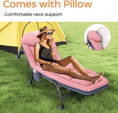 Кемпінгове ліжко AlpineAura: широке, складане, 190x65x30 см, 6 положень, для відпочинку на природі, пляжі, саду (рожеве)