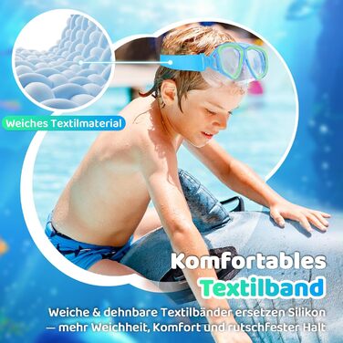 Дитячі окуляри для плавання Vvinca з захистом носа та текстильним ремінцем, ударостійкі, проти запотівання та водонепроникні, для дітей 3–14 років (03-Blue Green)