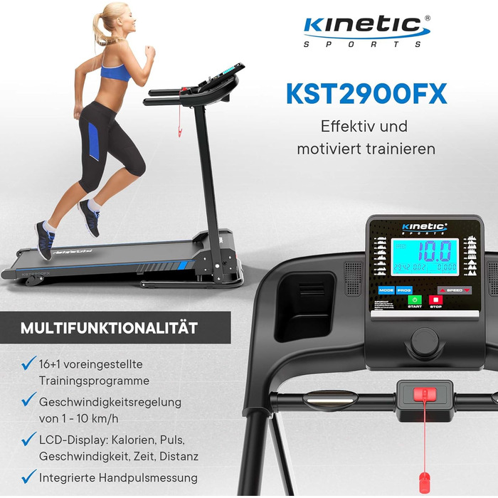 Бігова доріжка KINETIC SPORTS KST2900FX, 750 Вт, тиха, 40 см, 16+1 програм, ручний нахил, LCD, до 120 кг