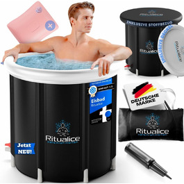 Ritualice® Преміум Ванна для льоду (80 см Ø) XL Комплект - Переможець тесту - Комплект льодової бочки з кришкою, тканиною та XL сумкою - Ідеальна ванна для льоду для криотерапії та відновлення - Ізольована льодова бочка з 5-шаровою ізоляцією, біла з XL сумкою