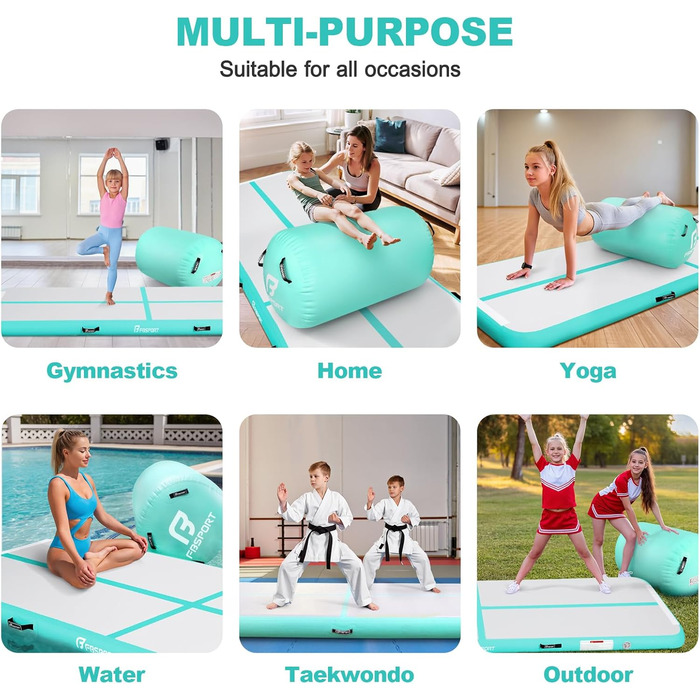 FBSPORT Килимок для гімнастики та йоги з повітряною ролкою, 400x100x10 см (зелений)