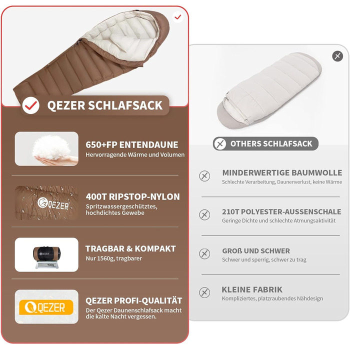 Пуховий спальний мішок для дорослих та дітей, легкий зимовий, Outdoor 8°C ~ -30°C для кемпінгу та альпінізму, 650 FP гусячий пух (коричневий, 1000г пуху)