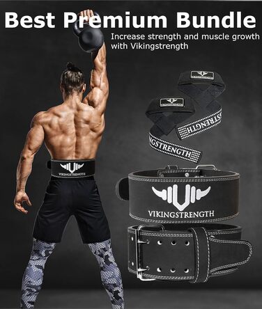 Преміум шкіряний пояс для важкої атлетики Vikingstrength з тяговими лямками, для чоловіків і жінок, для присідань, пауерліфтингу, кросфіту, станової тяги, розмір M-4XL, з додатком V-Strength