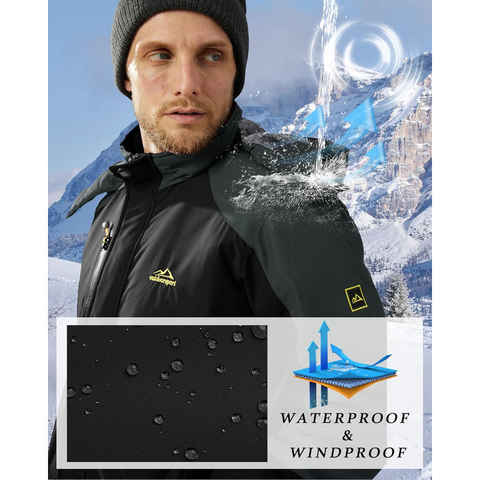 Зимова куртка KEFITEVD для чоловіків: водонепроникна, тепла, з відстібаною капюшоном, флісова куртка Softshell, чорно-сірий (S)