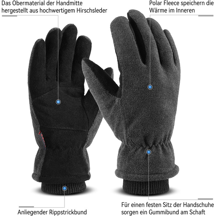 Зимові рукавички OZERO для чоловіків та жінок -30°C, з оленячої шкіри, водонепроникні, вітронепроникні, для водіння, піших прогулянок, велосипеда (L, сірий)