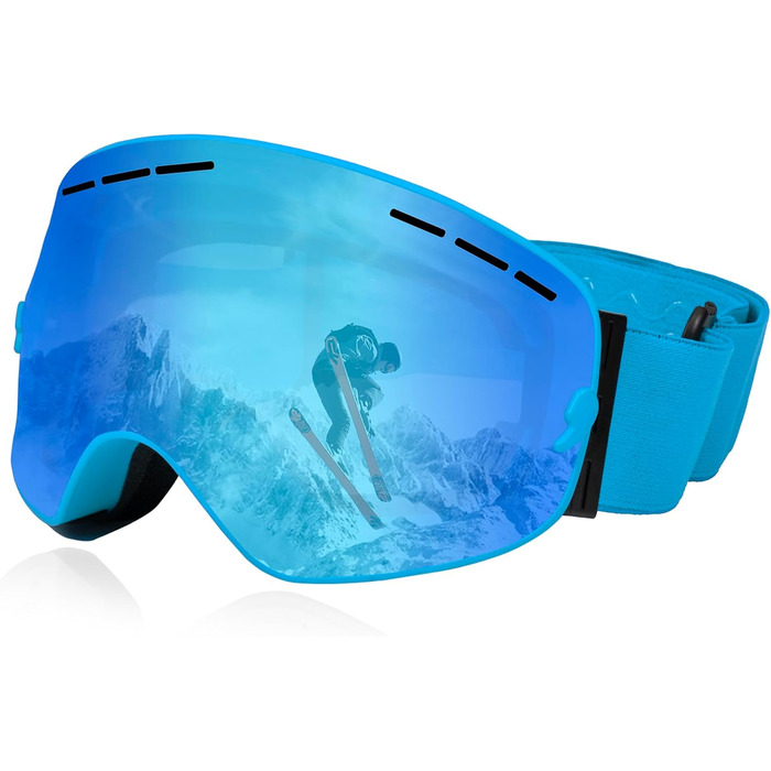 Queshark Скі-маска: подвійна сферична лінза, захист UV400, анти-запітління та анти-відблиск, сумісна з шоломом, для сноуборду та лиж, чорно-коричневий колір (блакитна лінза)