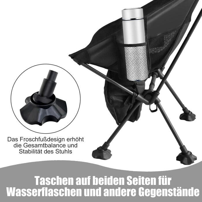 Зручний складаний стул для кемпінгу Bindokun, 120 кг, ультралегкий, з кишенями та підголівником, чорний