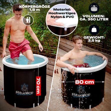 Ritualice® Преміум Ванна для льоду (80 см Ø) XL Комплект - Переможець тесту - Комплект льодової бочки з кришкою, тканиною та XL сумкою - Ідеальна ванна для льоду для криотерапії та відновлення - Ізольована льодова бочка з 5-шаровою ізоляцією, біла з XL су