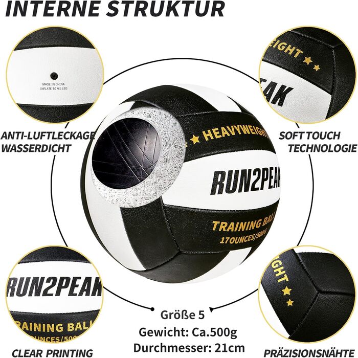 Волейбольний м'яч RUN2PEAK 0,5 кг, розмір 5, для тренувань, сеттер, чорний/білий