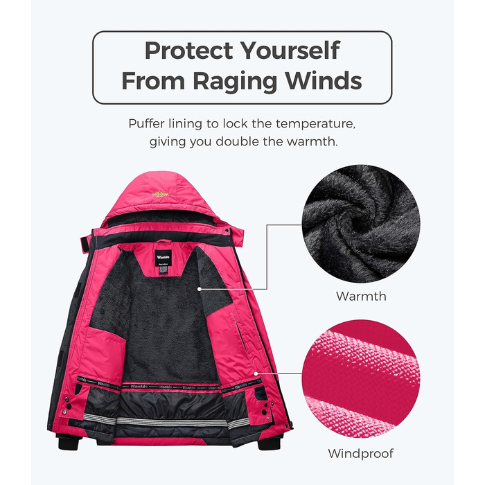 Жіноча гірськолижна куртка Wantdo, тепла флісова куртка, водонепроникна, дихаюча, рожево-червона, розмір L