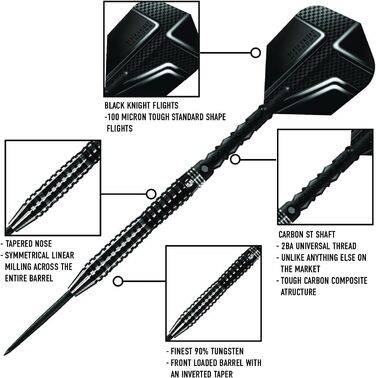 Набір дротиків Harrows Black Knight 90% вольфрам, 22-25 г, сталевий наконечник, Black Carbon ST Midi, Micron Black Knight Flights