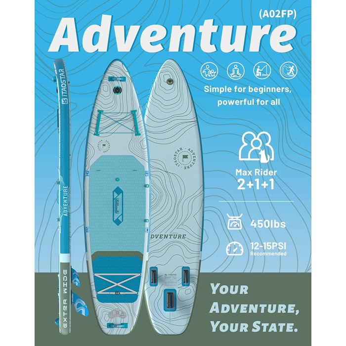 SUP-дошка iTAOSTAR Adventure 365x88/99 см з сидінням, надувний сапборд для підлітків/дорослих, 5 фінів, преміум комплект