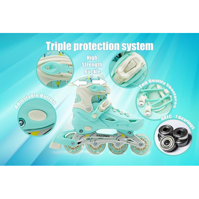 Регульовані роликові ковзани з підсвічуванням коліс - дитячі та дорослі ролики (L (5-7 UK), м'ятний колір)