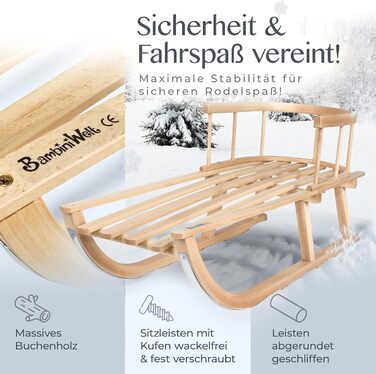Дитячі санчата Kinderschlitten 90 см з підніжкою - дерев'яні санчата з масивного буку - санчата Davoser з мотузкою та ручкою, міцні, з легкими сталевими чіпками