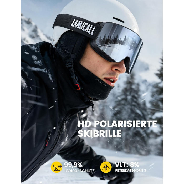 Ламiкалл Скi-окуляри для жінок, сноуборд окуляри для чоловіків - [Патентна антизапаржувальна технологія] Дзеркальні скі-окуляри для носіїв окулярів, захисні окуляри для сноуборду Ultra HD, снігові окуляри UV400 з захистом від відблисків - чорна рамка - ср