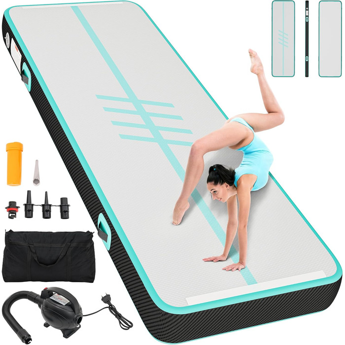 DWVO Килимок для гімнастики та акробатики Air Matte Track, 3/4M, 10см, з повітряним насосом, для тренувань, йоги, фітнесу, акробатики, гімнастики, на відкритому повітрі, зелений