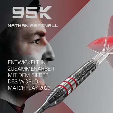 Дарти сталеві Nathan Aspinall 95K (22/24/26г) Wolfram 95% з польотами K-Flex та Swiss Storm Black SP