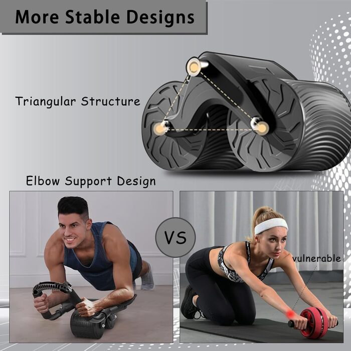Ролер для пресу Ab Roller з підтримкою ліктів, тренажер для пресу з автоматичним відскоком, ролер для пресу з килимком для колін для чоловіків та жінок, тренування пресу на подвійних колесах, стабільний, чорний