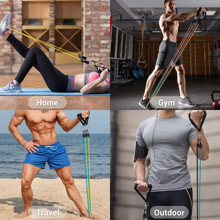 Набір еластичних стрічок для фітнесу, йоги та реабілітації: 5 стрічок, ручки, петлі для ніг та дверний анкер