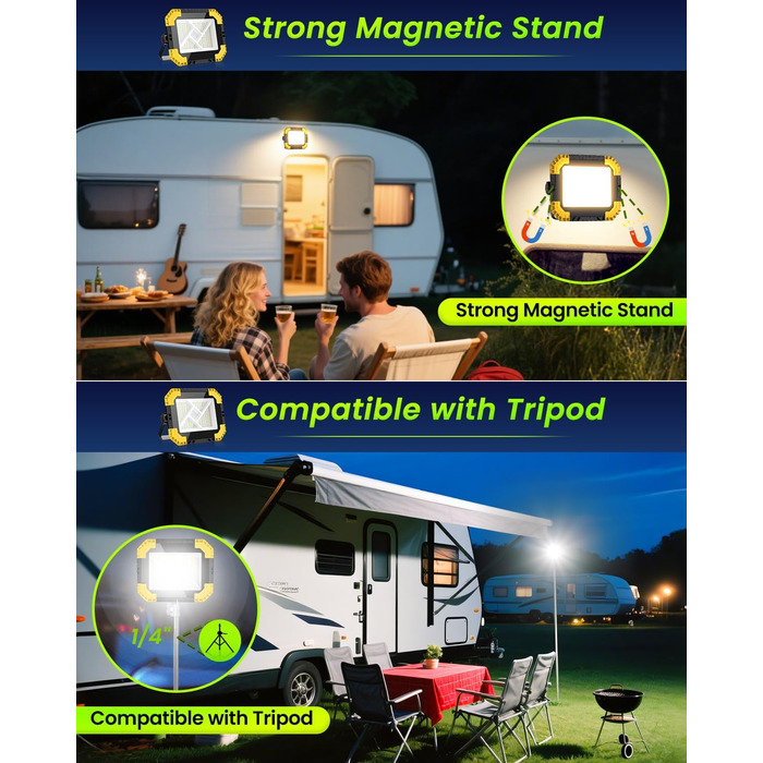 LED прожектор на акумуляторі CLV 200W, 20000mAh, IP66, вологостійкий, 4 режими, 2 рівні яскравості, для кемпінгу, USB, сонячна панель, для будівництва, жовтий