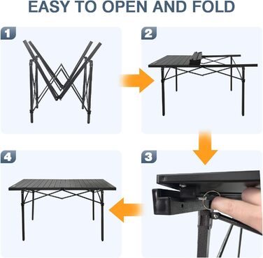 Стіл для кемпінгу Poeopore, розкладний, алюміній, великий, на 4-6 осіб, чорний, 140 x 70 x 70 см