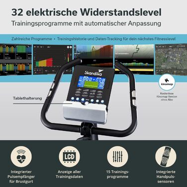 Ергометр Skandika Atlantis: велотренажер з керуванням через додаток (Kinomap, iConsole), Bluetooth, 10 кг маховик, вимірювання пульсу та жиру, 32 рівні навантаження, тихий, з транспортувальними колесами, до 150 кг