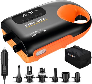 Насос FOWAWU 20PSI для SUP, човнів та каяків: 12V, 2-ступенева інфляція, автовимкнення, надування та здування