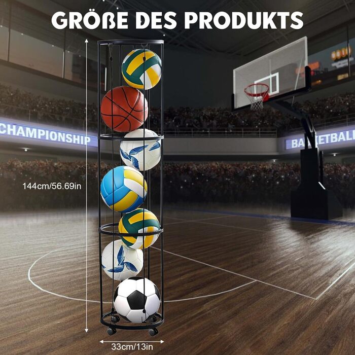 Стійка для м'ячів з колесами, настінна, 3-ярусна: для баскетболу, футболу, волейболу