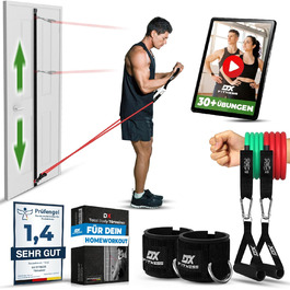 DX Fitness Регульований турнік на двері з фітнес-резинками, набір 6-в-1, дверний анкер, експандер, тренажер для дому, силові тренування, відеоуроки