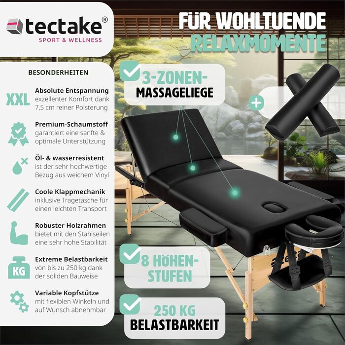 Мобільний масажний стіл tectake® 3-зонний, складаний, 7,5 см наповнювач, вантажопідйомність до 250 кг, масажна кушетка з аксесуарами: сумка, валики, для масажу, бежевий