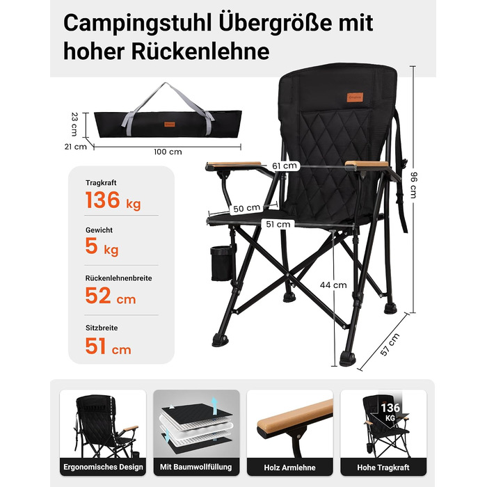 Складаний крісло-шезлонг KingCamp XXL з високою спинкою та дерев'яними підлокітниками, підтримка до 136 кг, підстаканник, сумка для перенесення, чорне