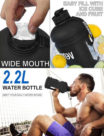 VENNERLI Спортивна пляшка для води 2,2 л, пластикова, зручна ручка, BPA Free, не протікає, для тренувань, фітнесу, спортзалу, офісу та дому, матова синя