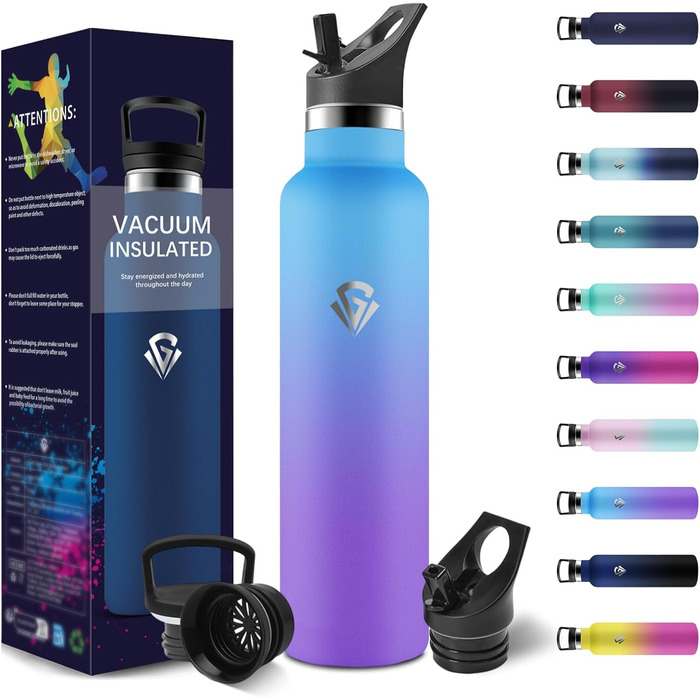 Термос-пляшка 1000 мл, нержавіюча сталь, з соломкою, без BPA, подвійні стінки, для води та газованих напоїв (блакитний & фіолетовий)