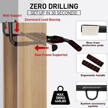 RHINOSPORT Турнік для дверного прорізу – турнік для підтягувань на двері з багатохватним грифом – без свердління, нековзке покриття до 200 кг (440 фунтів) – для дверей 65-92 см