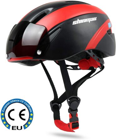 Велосипедний шолом Shinmax з козирком та знімними магнітними окулярами для чоловіків і жінок, чорний-червоний, регульований, для MTB і шосе, захист для дорослих