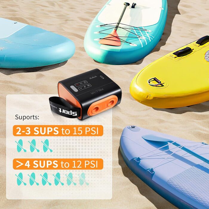Електричний насос для SUP дошки PELLOR, 22 PSI, портативний, з акумулятором, для надування та здування, автоматичне вимкнення, для SUP дошок, каяків, наметів, човнів