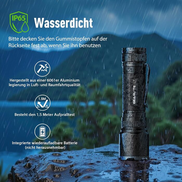 GEARLITE: 2 шт. ліхтарики LED, перезаряджувані, 3000 люмен, тактичні, водонепроникні (IP65), 3 режими, для кемпінгу, риболовлі, туризму