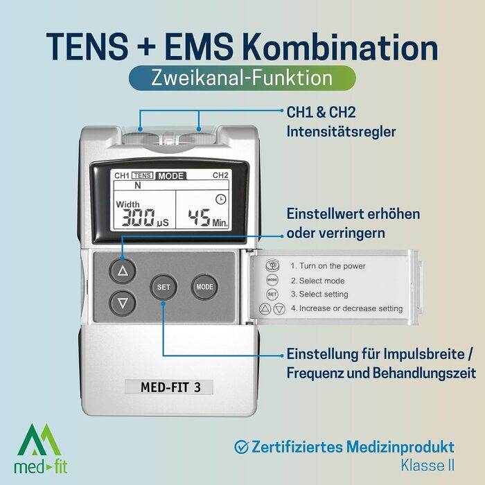 Med-Fit 3 TENS + EMS Апарат для електростимуляції м'язів та знеболення (2 канали) - медичний прилад IIa класу для лікування болю в спині, ішіасу, артрозу, шиї, плечей та нарощування м'язів