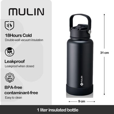 Термос- пляшка з нержавіючої сталі 1л, BPA-Free, ізоляційна, з трубочкою, герметична, для води та напоїв з газом, для дітей, спорту, фітнесу