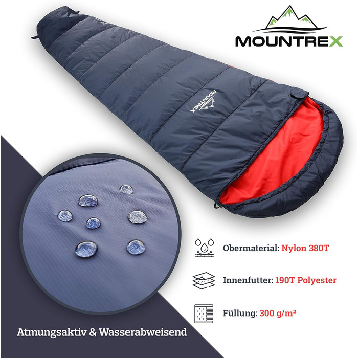 Сплячий мішок MOUNTREX® - Легкий та компактний (760г/1500г) - Outdoor літній спальний мішок (100GSM) / 3-4 сезони (300GSM) - Мумієвидний спальний мішок для кемпінгу, подорожей, фестивалів – Теплий та з'єднуваний (Темно-синій/Червоний, 3 сезони - 1500г (RV Праворуч))