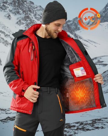 Зимова куртка KEFITEVD для чоловіків: водонепроникна, тепла, з капюшоном, Softshell, флісова, червона, XL