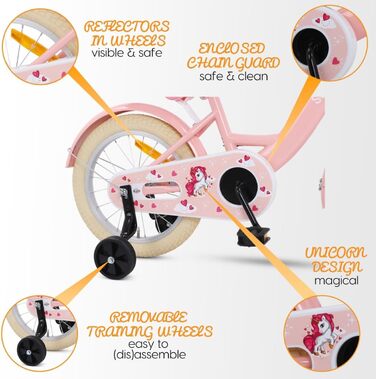 Дитячий велосипед Dolly 14 дюймів для дівчаток 3-5 років | Зручна збірка | З додатковими колесами | Розмір одягу 98-108 см | Рожевий колір