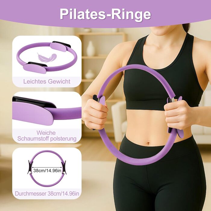 Комплект для пілатесу Magic Circle 14 дюймів з подвійним покриттям ручок, 3 еластичні стрічки (20/30/45 lbs), неслизький міні-м'яч, інструкція та сумка (фіолетовий)