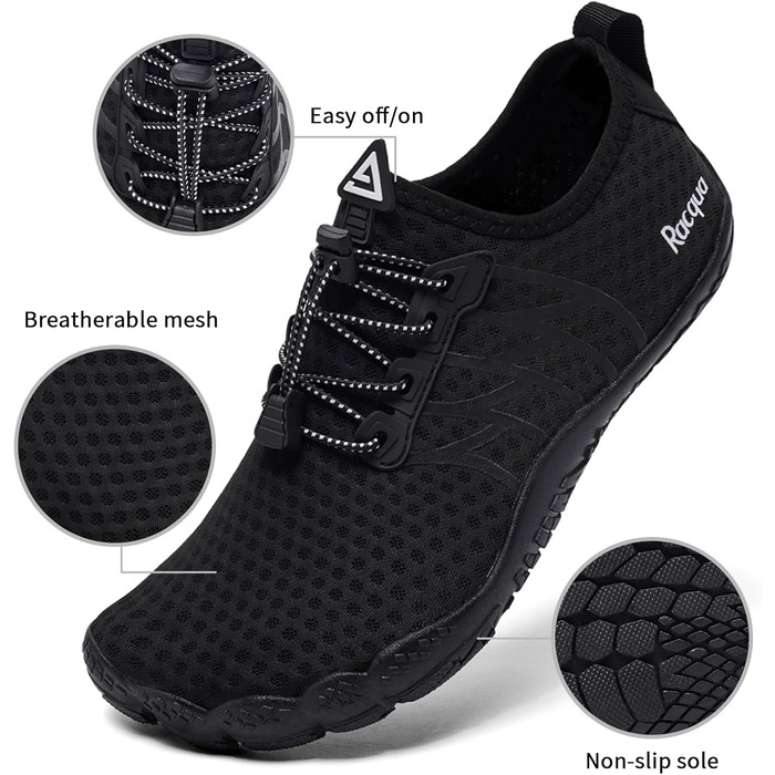 Водні черевики Raqua для жінок та чоловіків: дихаючі, швидковисихаючі, для плавання, басейну та пляжу. Розмір 39 EU, колір чорний. Модель Wz119