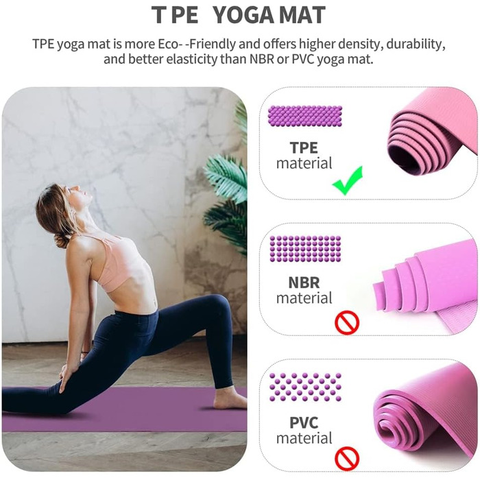Килимок для йоги та фітнесу Narwhal, протиковзкий еко-мат з TPE для пілатесу та тренувань з ременем для перенесення, 183 x 61 x 0.6 см, лілово-рожевий
